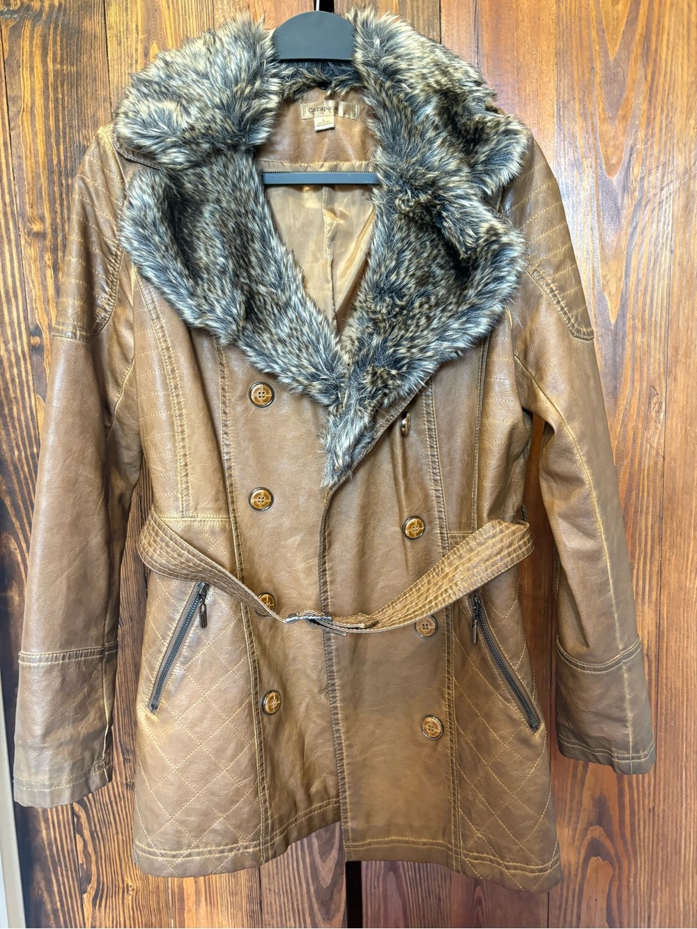 Women’s Brown Faux-Fur Trim Leather Jacket with Belt